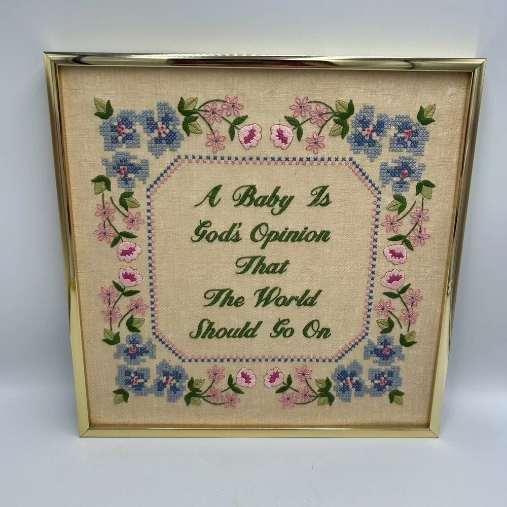 Vintage Needlepoint Embroidery Floral Text Gallery Wall Art Wood Frame beautiful